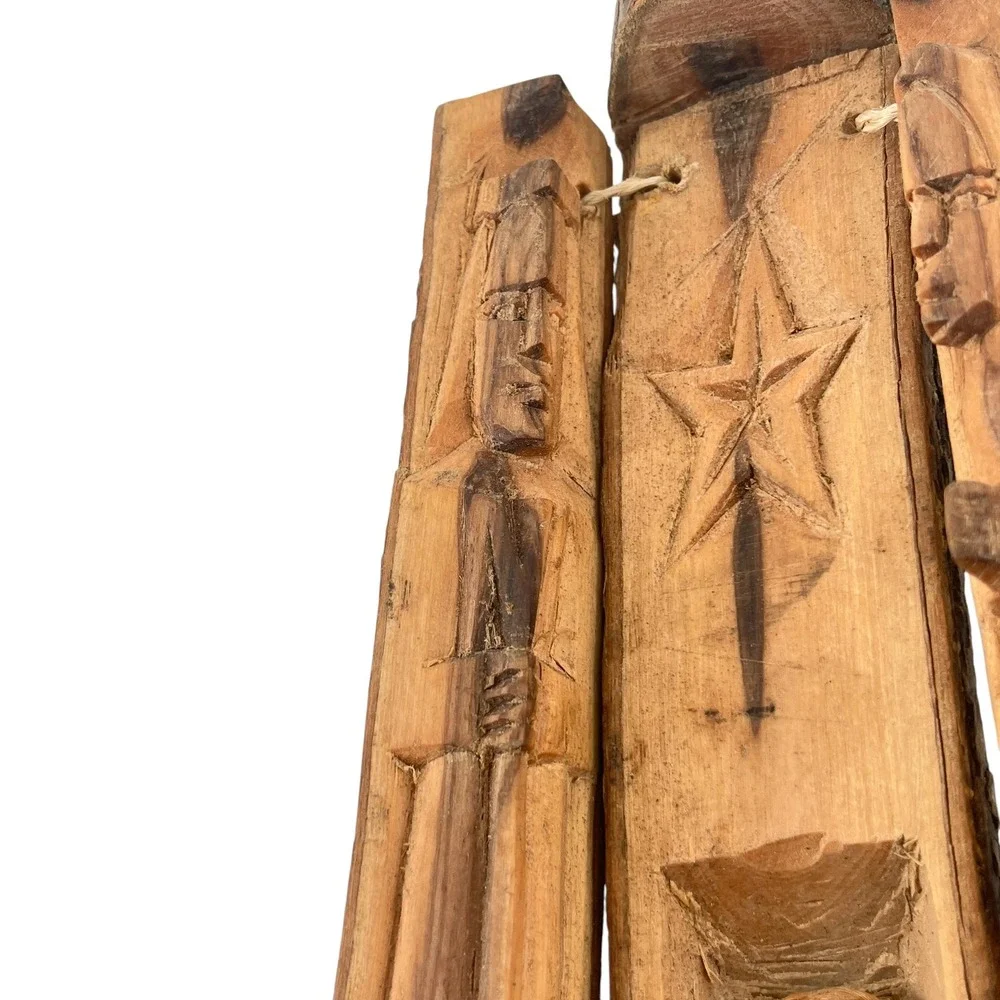 Hand Carved Rustic Wood Bark Nativity Scene Triptych Folk Art Christmas Decor